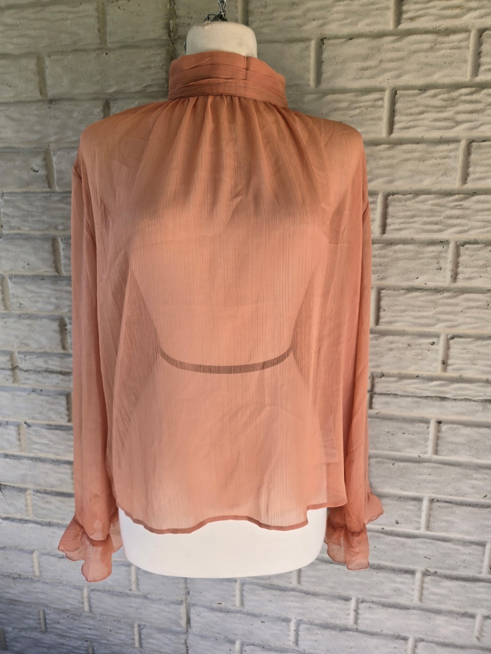 Anthropologie Peach Sheer High-Neck Ruffle Cuff Blouse